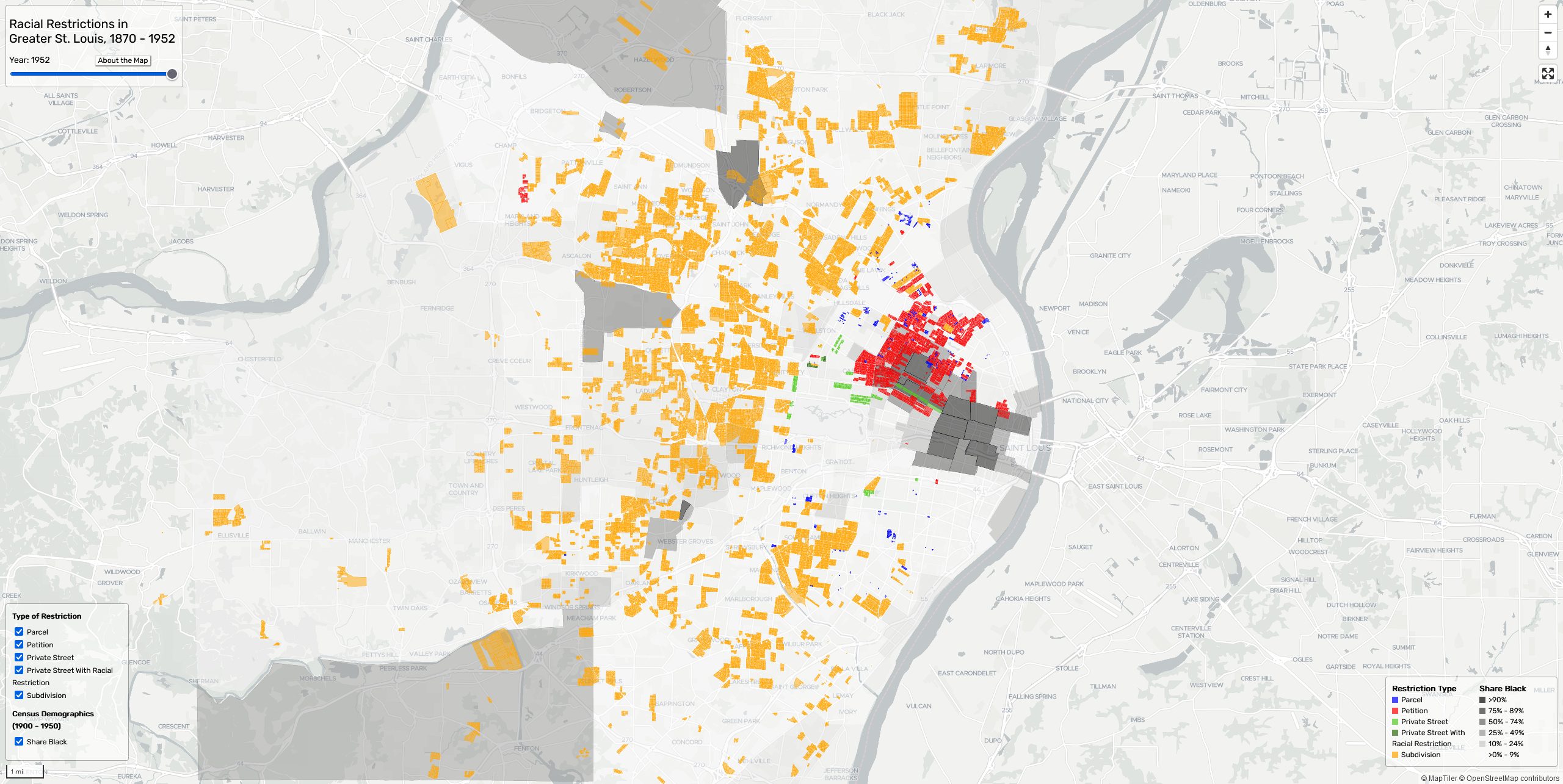 A web map application showing the historical implementation of racial restrictive property covenants in Greater St. Louis between 1870 and 1952.